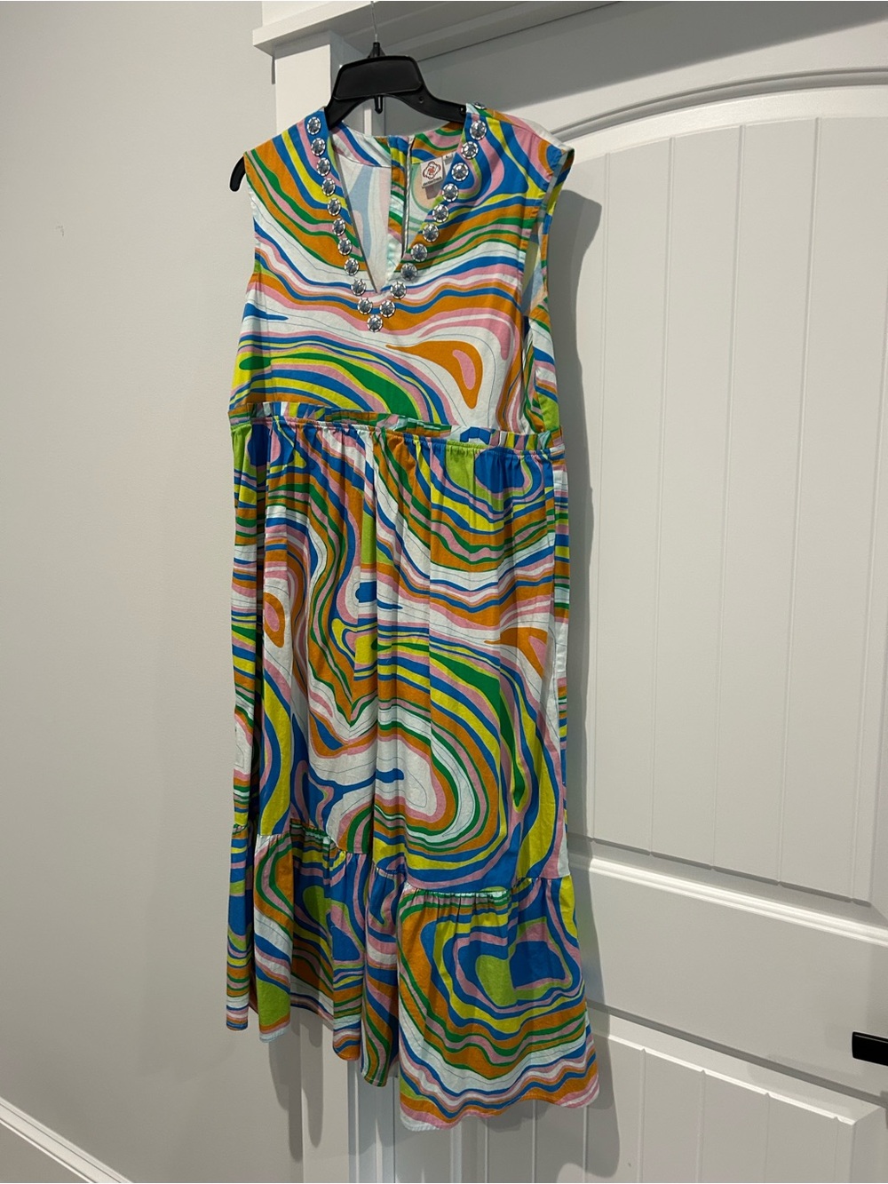 Colorful Swirl Midi Dress with Embellished V-Neck by Sheridan French